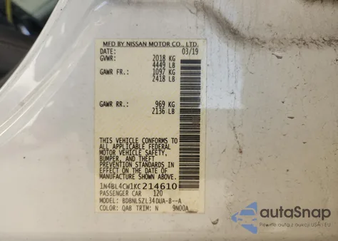 2019 Nissan Altima Sr из США, поврежденный, VIN 1N4BL4CW1KC214610